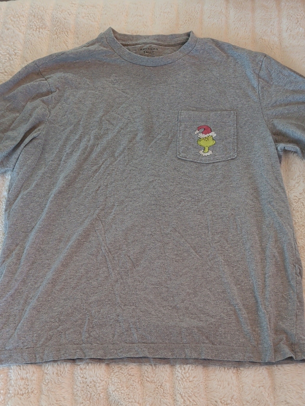 American Eagle Outfitters Men's Gray Pocket Tee with Grinch Patch